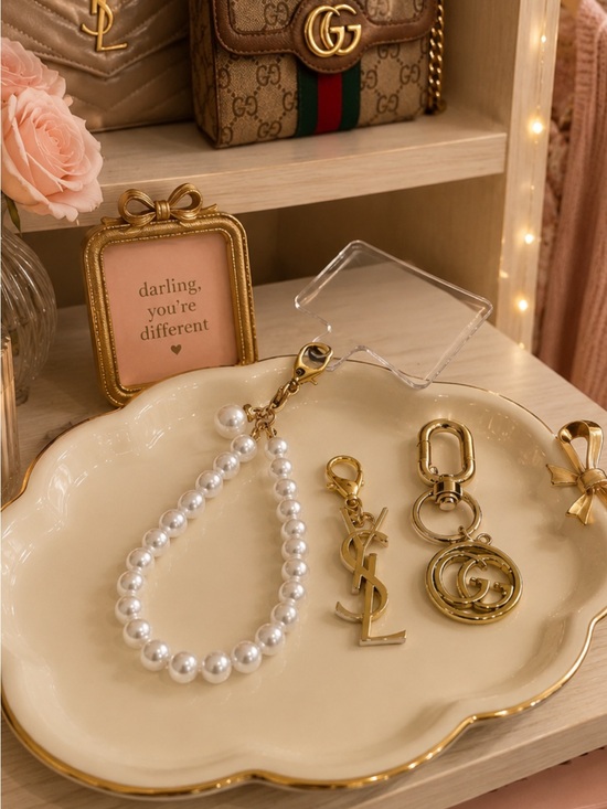 Accessories - Pearl Beaded Keychain Wristlet with Gold Hardware For Bag or Phone